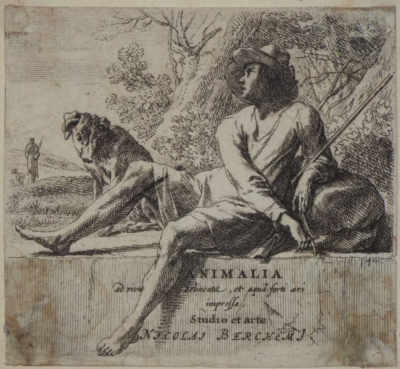 Etching - Animalia (a Shepherd with his dog) - Berchem